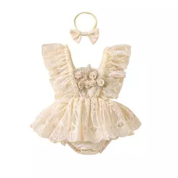 Летний кружевной комбинезон для маленьких девочек с 3D-цветком, рукавами-крылышками, квадратным вырезом, с бантом на голове 3-6 Months