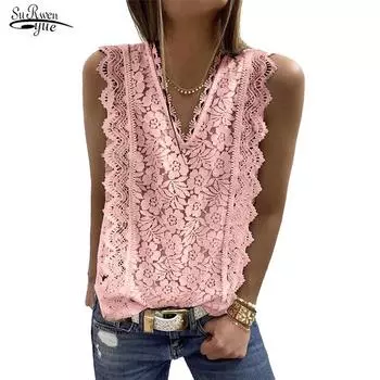 Летний кружевной сексуальный жилет, элегантная милая белая блузка без рукавов с v-образным вырезом, повседневные укороченные топы на бретелях, винтажная свободная одежда 18988 S белый