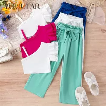 Летний кружевной топ на одно плечо с короткими рукавами и однотонным брючным костюмом с поясом для девочек 4Y