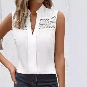 Летний кружевной женский топ с ажурной рубашкой без рукавов, женские однотонные белые блузки без рукавов S белый