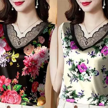 Летний кружевной жилет большого размера с цветочным принтом, шелковый низ, верхняя одежда без рукавов, топ на подтяжках для женщин L чёрный