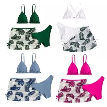Летний купальник-бикини для девочек от 8 до 13 лет, бюстгальтер, трусики и юбка, купальник из трех предметов, пляжная одежда 150