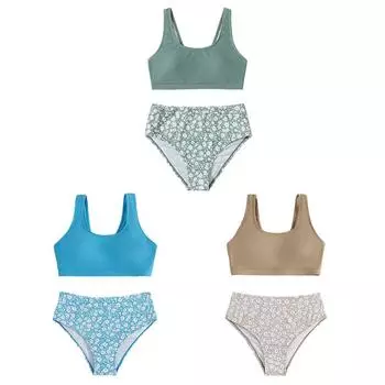 Летний купальник-бикини для девочек от 8 до 14 лет, бюстгальтер и трусики с цветочным принтом, купальник, пляжная одежда 8-9Y