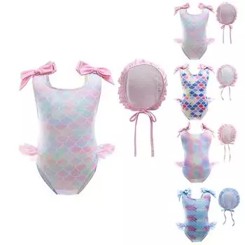 Летний купальник для девочек с семицветным принтом и шапочкой для плавания 100 светло-розовый