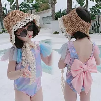 Летний купальник для маленьких девочек, цельный купальник без рукавов, купальник с бантом сзади 100