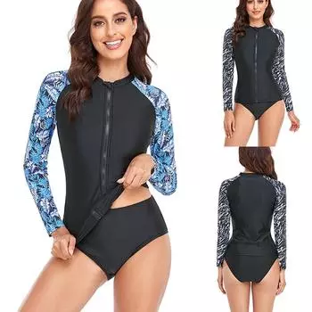 Летний купальник из двух частей на молнии с принтом, закрытый купальник с длинными рукавами, спортивный женский купальный костюм для серфинга, пляжный купальный костюм S чёрный
