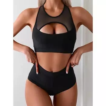 Летний купальный костюм, женский купальник с пуш-ап, цельный купальник с высокой талией, однотонный сетчатый бикини, полые купальники S чёрный