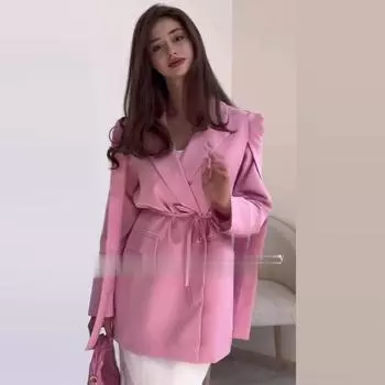 Летний Лаоэл Свободный Жакет с Завязкой на Талии Женский Тонкий Жакет с Длинным Рукавом Модный Пальто для Офисной Леди S розовый