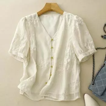 Летний легкий кардиган с вышивкой, уменьшающий старение, летняя футболка с короткими рукавами, женская легкая рубашка M абрикосовый