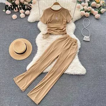 Летний легкий зрелый комплект в гонконгском стиле, женский плиссированный костюм с завязками на шнурке, короткими рукавами, драпированными широкими брюками one size хаки