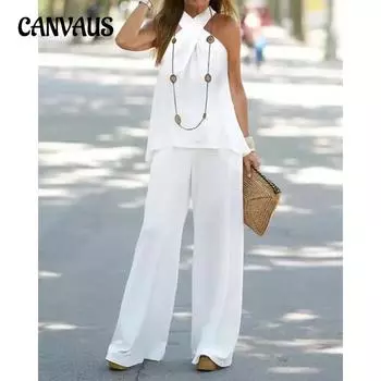 Летний легкий зрелый женский костюм больших размеров с открытыми плечами и без рукавов, элегантный брючный костюм S белый