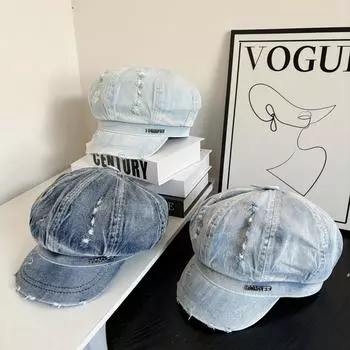 Летний летний джинсовый берет с потертостями, старая дырка, женская большая окружность головы, шляпа-облако, показать лицо, маленькая шляпа, прилив M56-58cm темно-синий