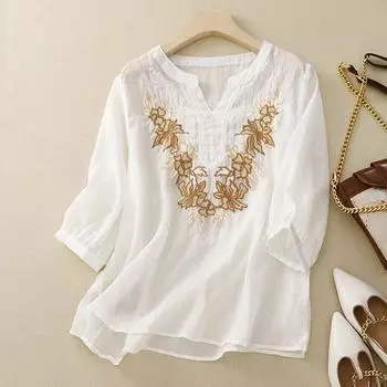Летний литературный свободный женский топ, однотонная хлопково-льняная блузка с v-образным вырезом и вышивкой, с раздельными рукавами M белый