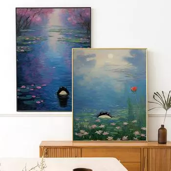 Летний лотос пруд лягушка Моне водяная лилия животное плакат печать ночной вид настенное искусство цветочная картина на холсте забавная комната домашний декор 21x30cm No Framed