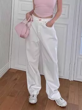 Летний лук, милые новые мешковатые джинсы Y2k, женские кавайные повседневные свободные брюки с высокой талией, женские ретро-модные эстетичные уличные брюки с широкими штанинами S белый