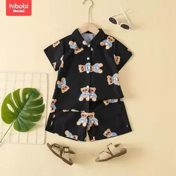 Летний милый костюм-рубашка с принтом медведя hibobi для мальчиков 18-24M чёрный
