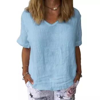 Летний минималистский повседневный топ, белая одежда, однотонная рубашка с V-образным вырезом для женщин, хлопковые льняные блузки S белый