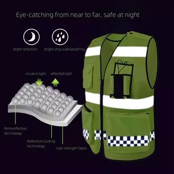 Летний многофункциональный дышащий светоотражающий жилет безопасности, сетчатый многокарманный дорожный жилет, дышащий для железнодорожного транспорта и бега XL флуоресцентный зеленый