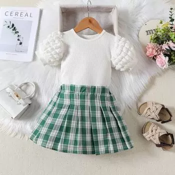 Летний модный белый вязаный топ с пышными рукавами для девочек + клетчатая юбка, комплект из 2 предметов, детская одежда, униформа для девочек 2T чёрный