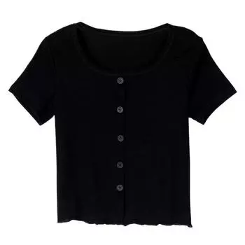 Летний модный дизайн и омолаживающая однотонная футболка с квадратным воротником и короткими рукавами, тонкий и универсальный женский топ M чёрный