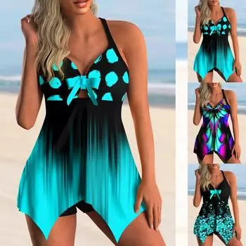Летний модный дизайн, женский комплект бикини из двух частей с купальником с бантом в горошек и спортивной пляжной одеждой S-6XL 2XL