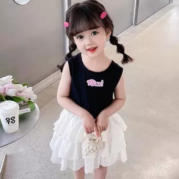 Летний модный комплект детской одежды для девочек, черная футболка с кроличьими ушками + белая многослойная пышная юбка-пачка, детский повседневный костюм 8T чёрный/белый