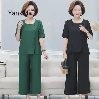 Летний модный костюм-двойка больших размеров для мам 2023 года для женщин среднего возраста 3XL красный