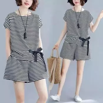 Летний модный костюм футболка шорты плюс размер женский свободный полосатый шнурованный повседневный костюм L чёрный