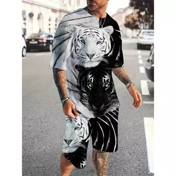Летний модный костюм с принтом животных, черно-белый тигровый 3D-узор, спортивная одежда для уличной стрельбы, мужские повседневные футболки, комплект из 2 предметов S
