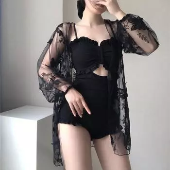 Летний модный купальник с цветочным принтом, женский консервативный купальник Fairy Gas, новый корейский Ins, сексуальный цельный купальник с мясом, тонкая блузка из двух предметов, пляжная S чёрный