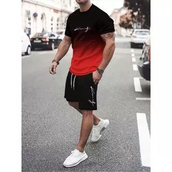 Летний модный мужской костюм, повседневный пляжный комплект с шортами, 3D-принт, футболка с коротким рукавом и круглым вырезом, комплект из 2 предметов для мужчин S
