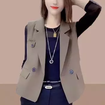 Летний модный повседневный женский короткий жилет без рукавов черный пиджак M чёрный