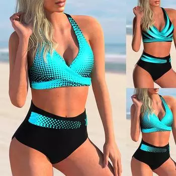 Летний модный женский комплект бикини из двух частей с синим принтом, купальники и спортивная пляжная одежда S-5XL S