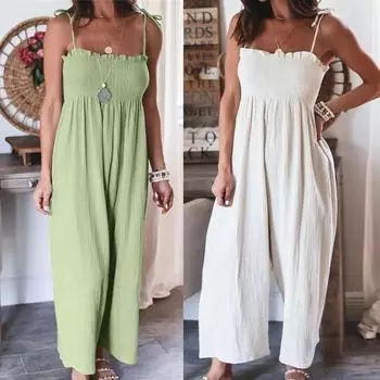 Летний модный женский сексуальный однотонный комбинезон с высокой талией и подтяжками, плиссированный, с широкими штанинами XS зелёный