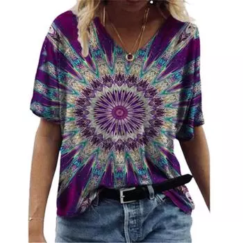 Летний модный женский топ с V-образным вырезом и короткими рукавами, свободный пуловер с 3D-цифровой печатью, футболка S