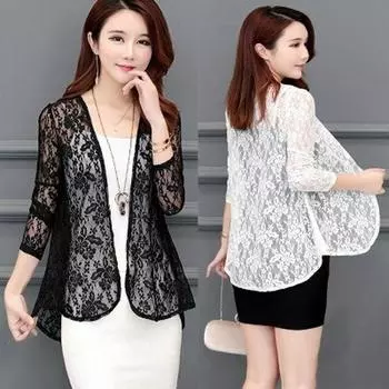 Летний модный женский весенний кружевной кардиган с длинным рукавом и открытой передней частью, верхняя одежда, блейзер, топы S чёрный