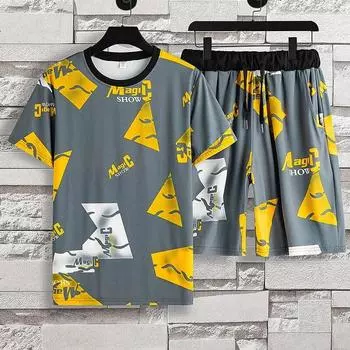 Летний молодежный стиль, мужской свитер из ледяного шелка, комплект футболка + шорты, мужские спортивные костюмы из двух предметов, спортивный костюм с принтом, мужской MC-001 S