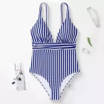 Летний монокини с V-образным вырезом, открытой спиной, цельный купальник-бикини с полосатым принтом, быстросохнущий, облегающий, облегающий, контурирующий фигуру монокини S темно-синий