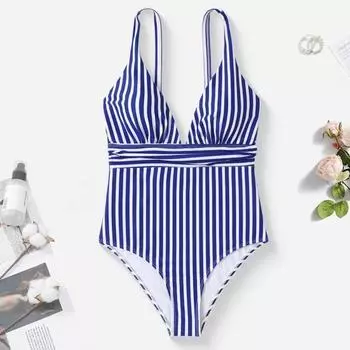 Летний монокини с V-образным вырезом, открытой спиной, цельный купальник-бикини с полосатым принтом, быстросохнущий, облегающий, облегающий, контурирующий фигуру монокини S темно-синий