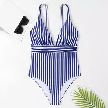 Летний монокини с V-образным вырезом, открытой спиной, цельный купальник-бикини с полосатым принтом, быстросохнущий, облегающий, облегающий, контурирующий фигуру монокини S темно-синий