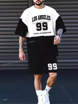 Летний мужской двухкомпонентный костюм LOS ANGEL NO.99 с принтом, повседневные шорты для спорта на открытом воздухе с короткими рукавами и завязками, мужская одежда S