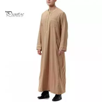 Летний мужской халат в стиле ретро с круглым вырезом и половиной молнии с длинными рукавами, свободный Малайзия, Ближний Восток, арабский Дубай, традиционный халат макси, длинный топ S белый