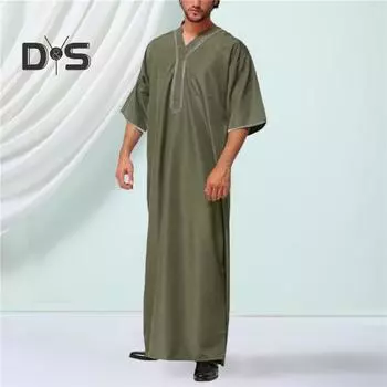 Летний мужской халат в стиле ретро с V-образным вырезом и пуговицами нагрудный карман с короткими рукавами Мягкий дышащий свободный Малайзия Ближний Восток Арабский Дубай Традиционный макси-халат Длинный топ M чёрный