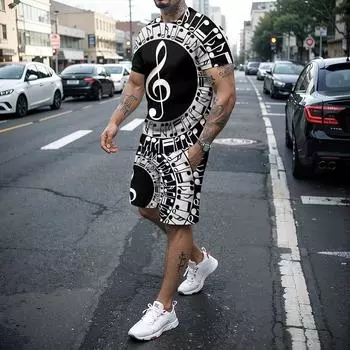 Летний мужской художественный комплект, повседневная футболка с 3d-музыкальным принтом, уличная футболка с круглым вырезом, шорты с короткими рукавами, комплект из 2 предметов из полиэстера 5XL