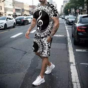Летний мужской художественный комплект, повседневная футболка с 3d-музыкальным принтом, уличная футболка с круглым вырезом, шорты с короткими рукавами, комплект из 2 предметов из полиэстера S