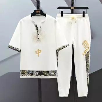 Летний мужской китайский Tangzhuang Ice Silk Cool Loose Set Short Sleeves + Long Brackets Casual Ethnity Style Two Piece Set 4XL белый