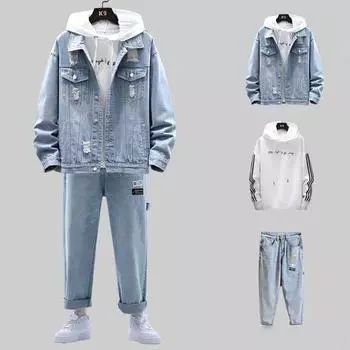 Летний мужской комплект брюк, модная футболка с длинными рукавами, джинсовая куртка с капюшоном, джинсы, комплект из трех предметов, мужская одежда, спортивные костюмы XL