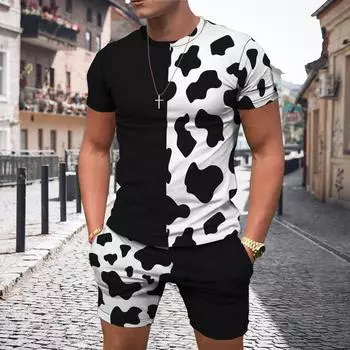 Летний мужской комплект футболок, модный спортивный костюм с золотым леопардовым принтом, повседневная футболка с короткими рукавами + шорты, спортивные костюмы больших размеров, одежда, наряд M