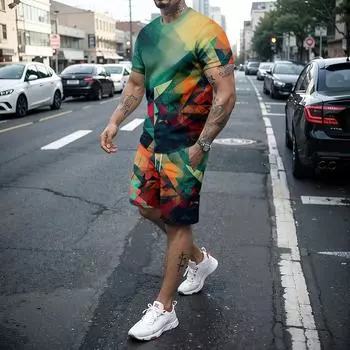 Летний мужской комплект футболок с 3D принтом ножей для отдыха, мягкая и веселая креативная футболка с круглым вырезом + шорты, модная спортивная одежда для улицы L