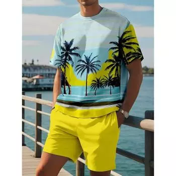 Летний мужской комплект из 2 предметов, гавайская мода, мужская футболка и шорты, повседневный повседневный мужской топ с коротким рукавом, для отдыха на природе, пляжные мужские шорты S
